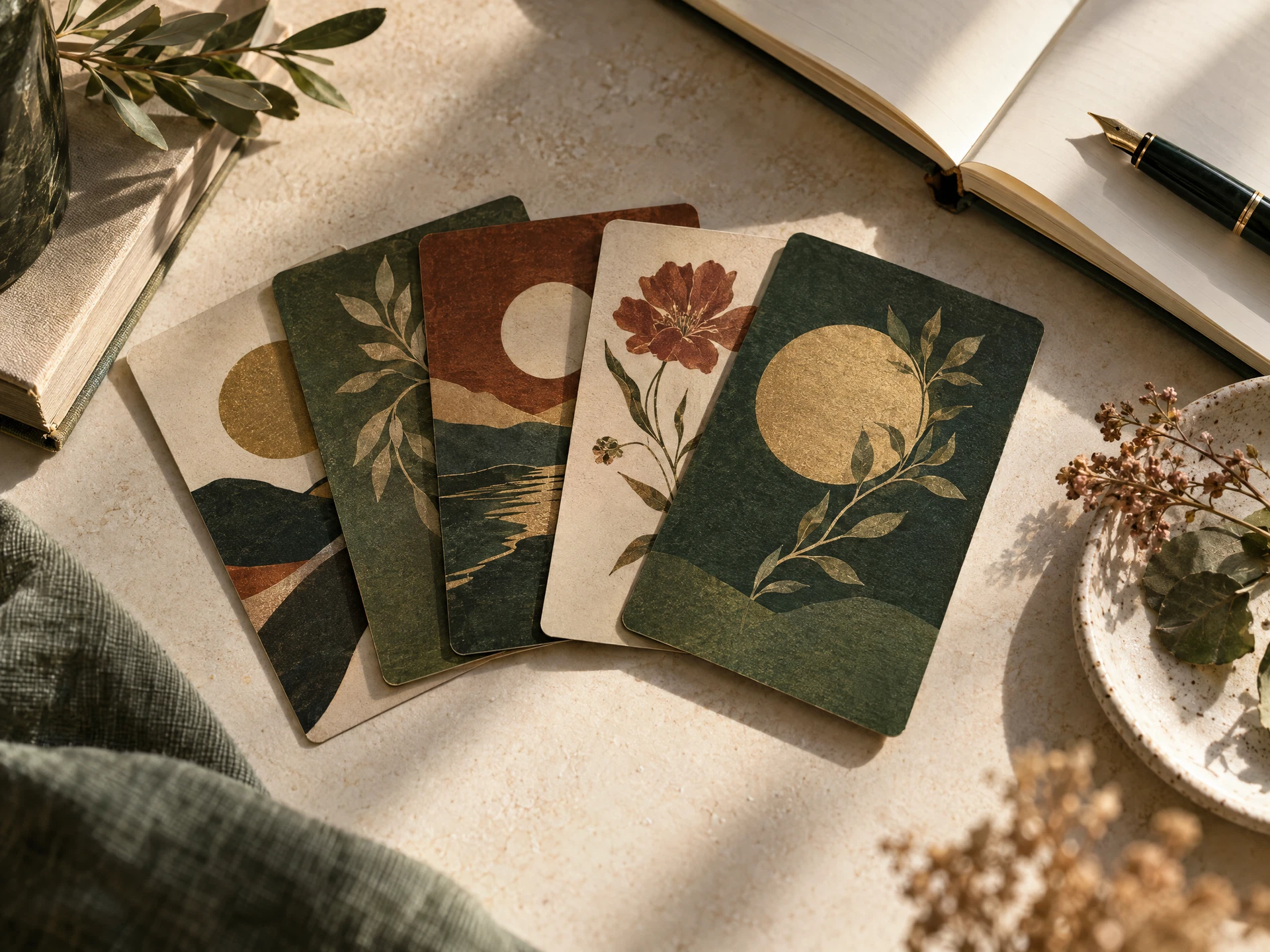 Cartes illustrées de réflexion et carnet ouverts sur une table